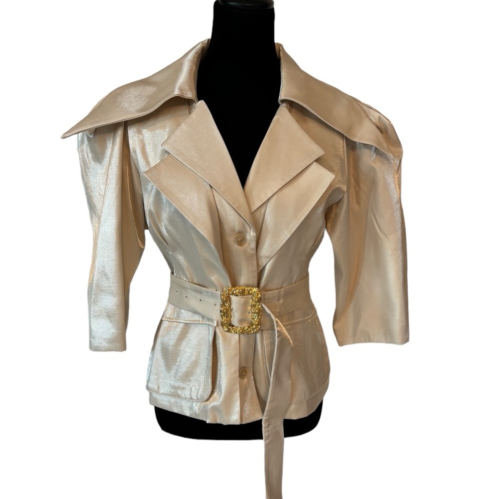 Green Metallic Sheen Belted Jacket - Picture 15 of 15